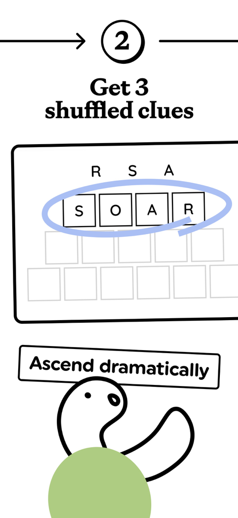 Triplit: Daily Word Game - A minimalist word puzzle interface from the Triplit app showing the solution SOAR for the clue Ascend dramatically