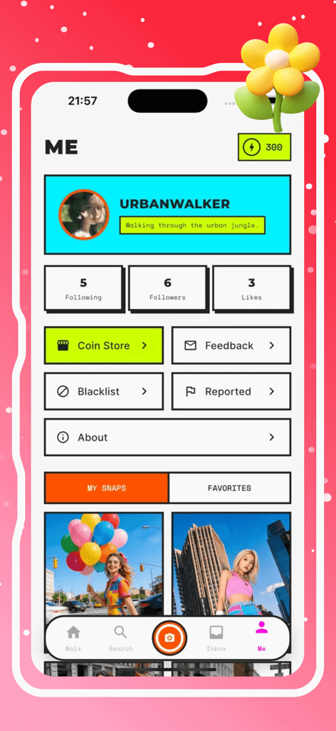 Covol - A high-contrast user profile screen of the Covol app featuring bold outlines and neo-cyber aesthetic with the username UrbanWalker