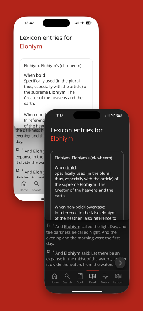 Cepher - Interface of the Cepher app displaying Hebrew lexicon entries for the word Elohiym in light and dark themes