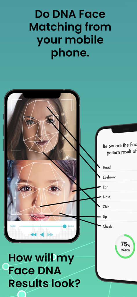 Find out if you are related - DNA face matching app showing facial points comparison and a 75 percent relationship match result