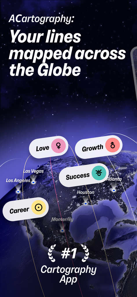 Astrocartography AI Pathfinder app interface displaying planetary lines for success and love across a globe.