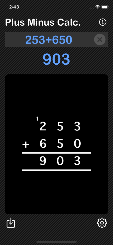 Plus Minus Calculator - Interface do aplicativo Calculadora Mais Menos exibindo adição vertical com etapas de cálculo