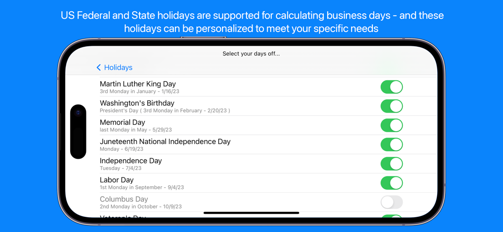 Time Jump - Date Calculator - Pantalla de selección de festivos de EE. UU. para cálculos de días hábiles en la aplicación Time Jump