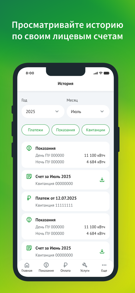 ТНС Энерго - Interface de l'application TNS Energo montrant l'historique des relevés de compteur et des paiements d'électricité