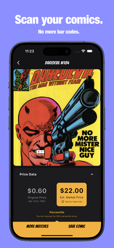 Tabi Comic Collection - Tabi app interface showing a scanned comic book cover with real time market price valuation and original pricing data