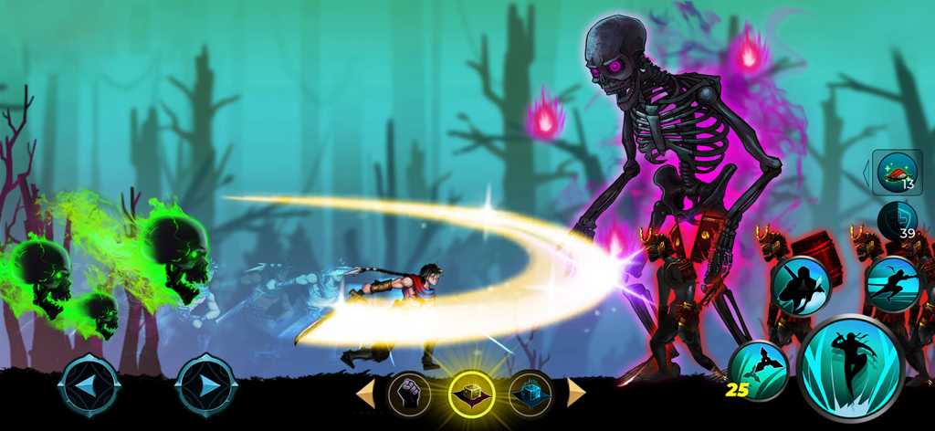 Ninja Adventure: Shadow Legend - 忍者のキャラクターが、暗い森の中で巨大な光る骸骨のボスに強力な剣の攻撃を行っている
