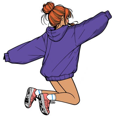 realistic girl jumping with a bun and oversized sweatshirt