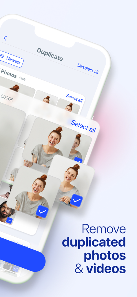 Interface of AI Cleaner showing the removal of duplicated photos and videos to optimize storage