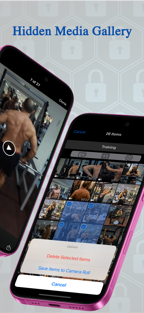 Hidden Photo Vault-Hide App LS - Captura de pantalla de la aplicación Hidden Photo Vault mostrando una galería multimedia oculta con fotos y videos privados de gimnasio en un iPhone.