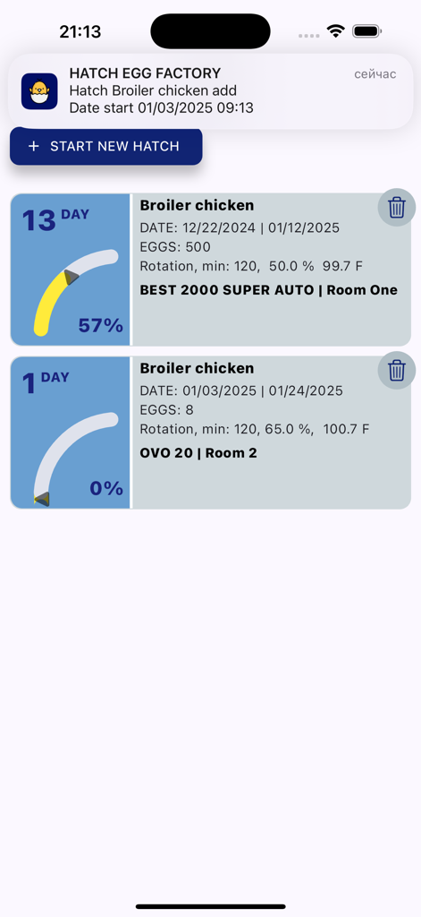 Hatch Tracker Pro - Hatch Tracker Pro mobile app showing multiple broiler chicken egg batches with progress tracking and incubator environment data