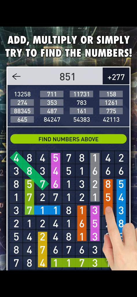 Hidden Numbers: Math Game - Pantalla de juego del juego de matemáticas Números Ocultos con una cuadrícula de búsqueda de números con resaltados de colores en secuencias de dígitos encontradas.