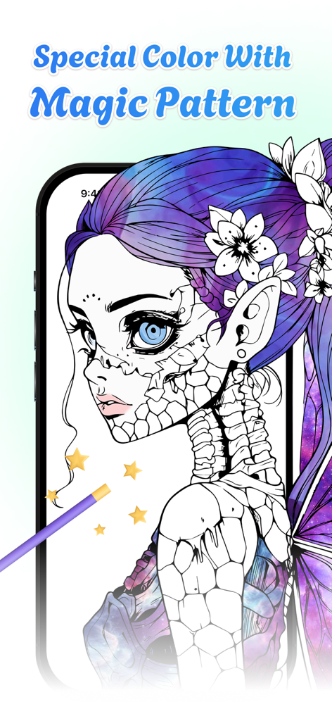 Corly: Color Picker Relax - 마법 지팡이 도구를 사용하여 은하수 패턴으로 채워지고 있는 판타지 라인 아트 드로잉