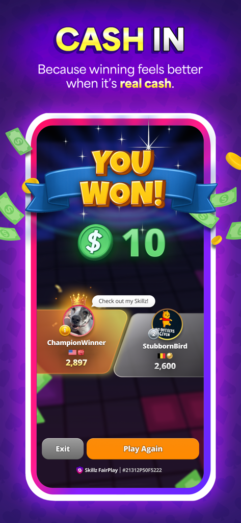 Solitaire Skillz - Win Cash - Tela de vitória do Solitaire Skillz mostrando um jogador ganhando um prêmio em dinheiro de 10 dólares em uma partida