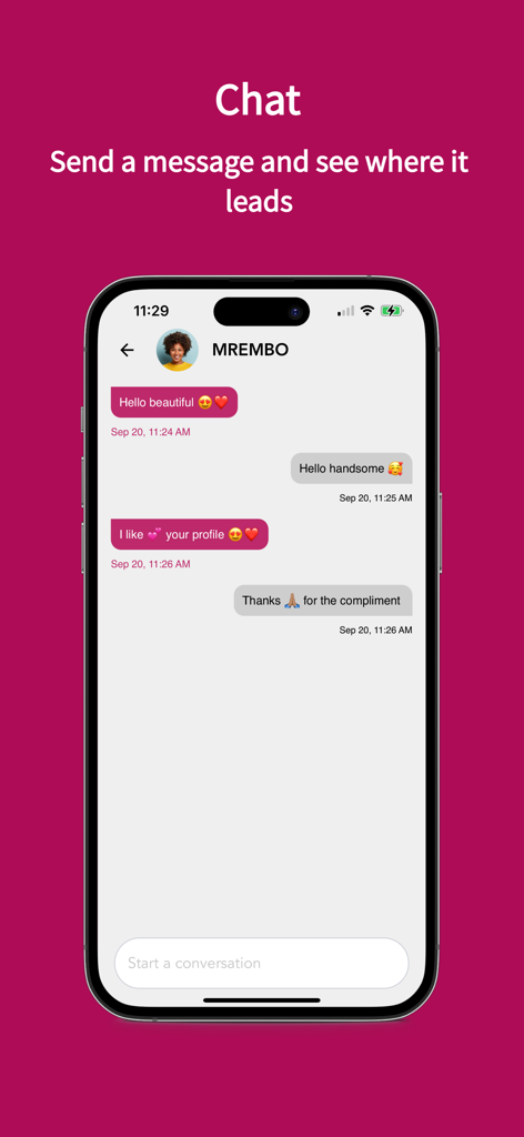 A mobile screen showing a chat conversation between two users on the Africa Love Match dating app.