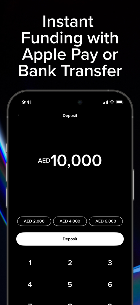 Screenshot of the baraka app deposit screen showing instant funding options through Apple Pay and bank transfer in AED currency