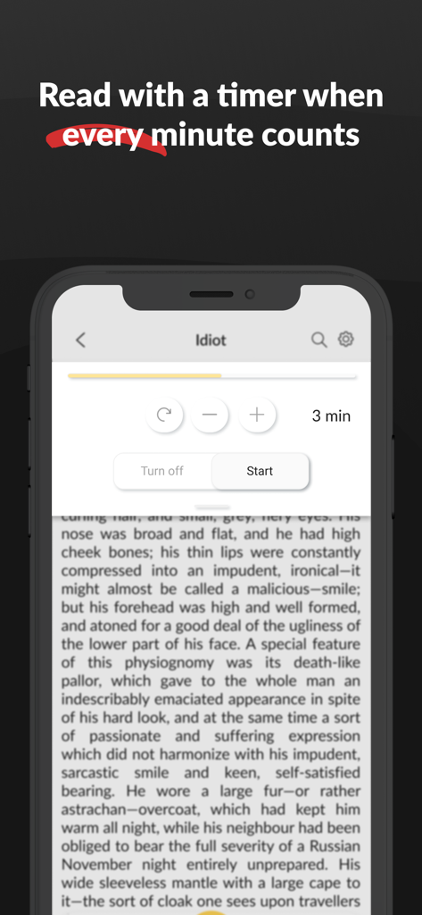 Speed reading: Book reader app - Interfaz de la aplicación móvil Wordex que muestra un temporizador de lectura de tres minutos con el titular Lee con un temporizador cuando cada minuto cuenta.