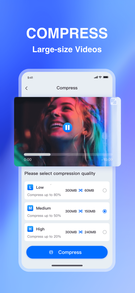 AI Cleaner-Clean Storage Space - Interface of the AI Cleaner app showing options to compress large videos into low medium or high quality to save phone storage