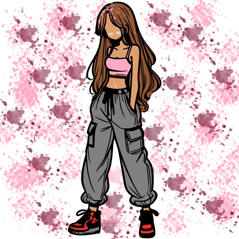 girl in baggy pants crop top and long hair