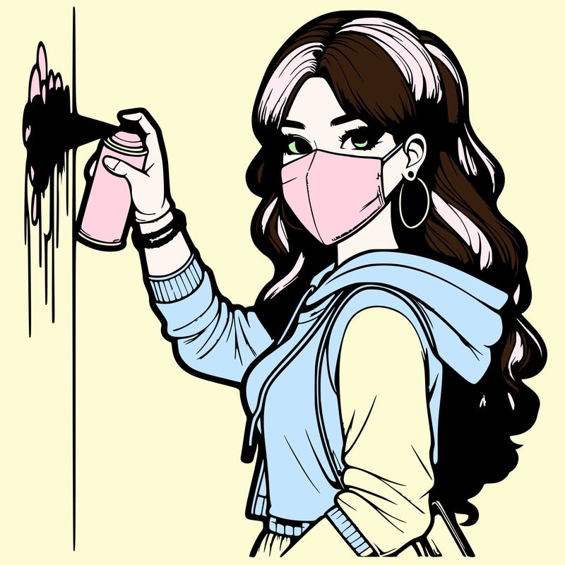 realistic girl with mask spray painting a wall