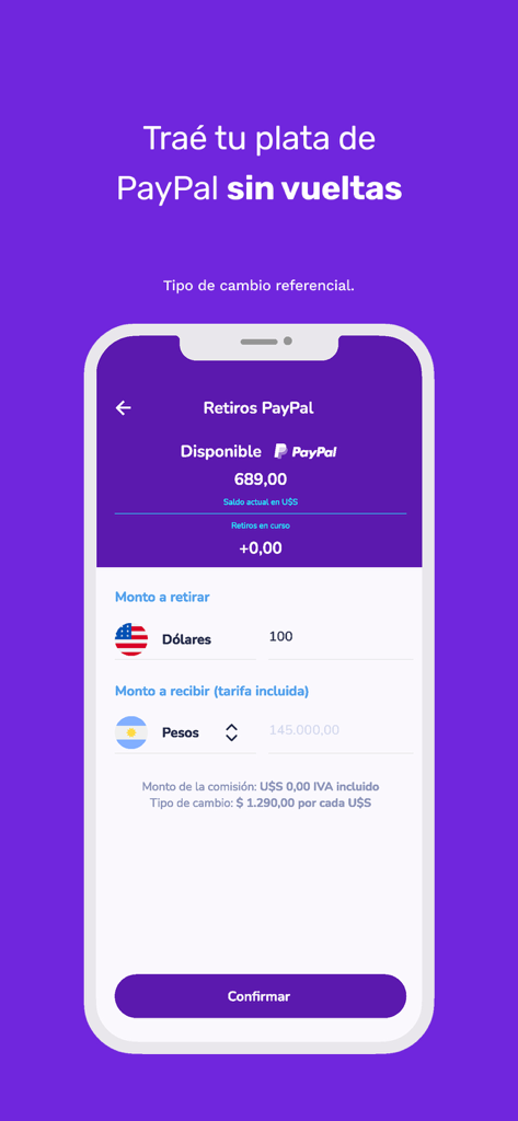 Prex Argentina - USD를 아르헨티나 페소로 변환하는 Prex Argentina 앱 화면, PayPal 출금 기능 표시