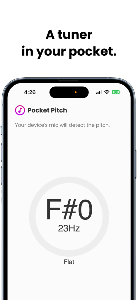 Screenshot of the Pocket Pitch app tuner interface showing pitch detection for an F sharp note