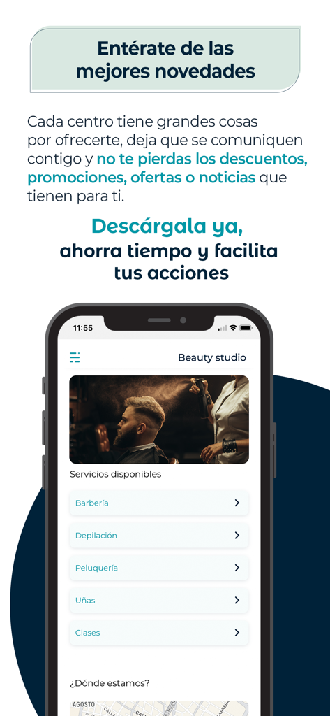Bewe para clientes - Bewe para clientes app interface displaying beauty studio services like barbering and hair salon options