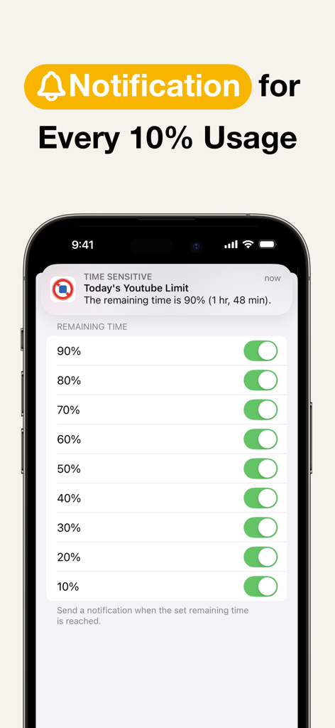 Tela do iPhone mostrando as configurações de notificação do AppStops para rastrear o uso restante de aplicativos em incrementos de 10 por cento