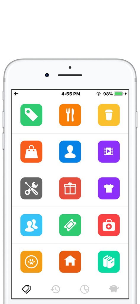 NextCost-Money Flow,My Savings - NextCost app interface featuring a clean grid of colorful icons for tracking various spending categories