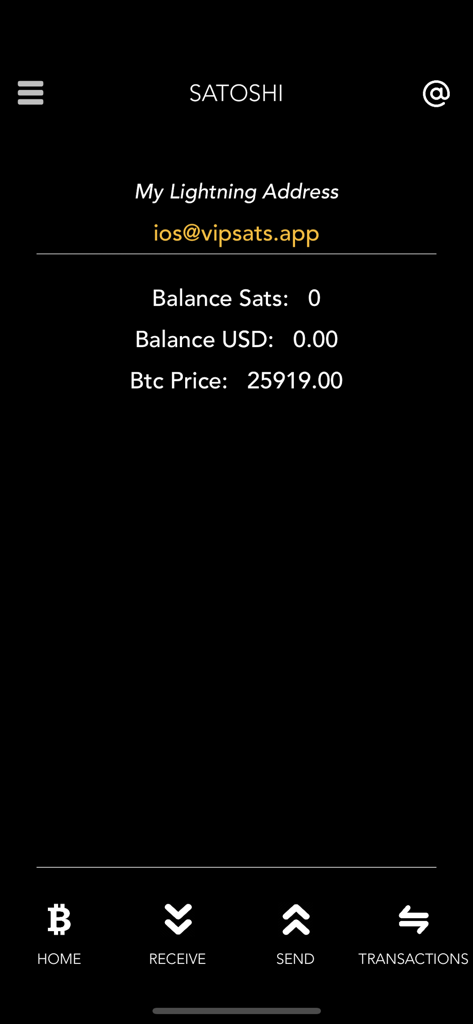 Satoshi Bitcoin Lightning - Satoshi Bitcoin Lightning app home screen showing personal lightning address and account balance