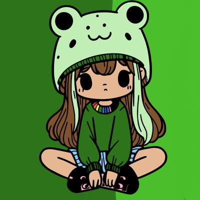 a girl wearing a frog hat and some frog socks