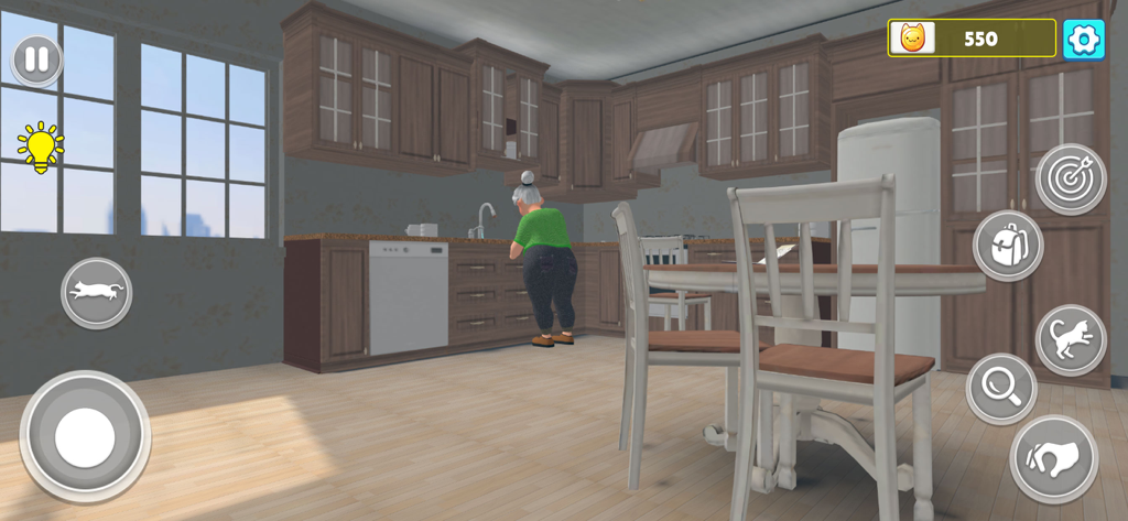 Una simulación 3D de un gato escabulléndose por una cocina pasando junto a un personaje humano en Cat Runaway House Escape.