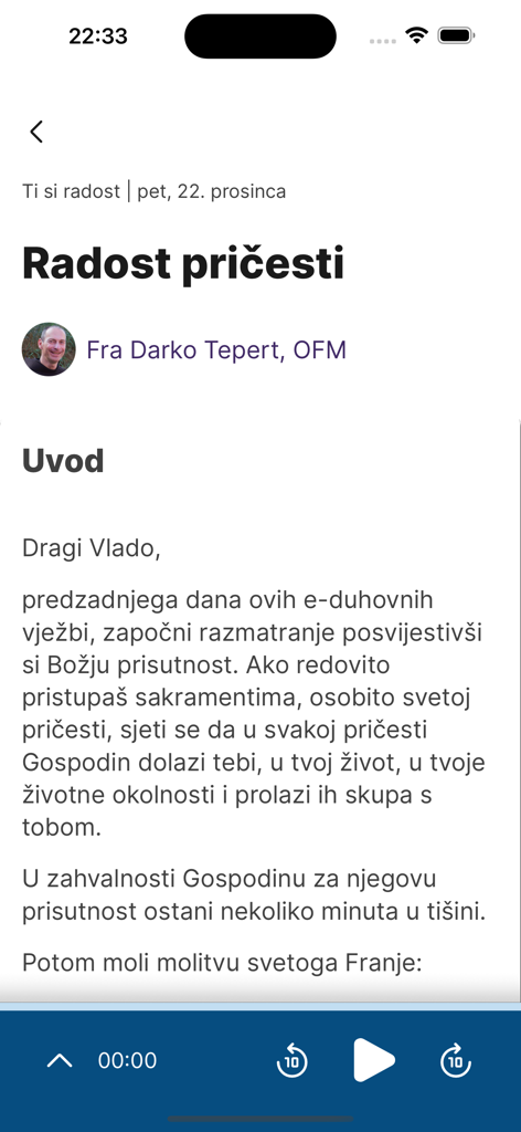 Screenshot of the e-Duhovne vjezbe mobile app showing a spiritual reflection text titled Radost pricesti and an audio player interface.