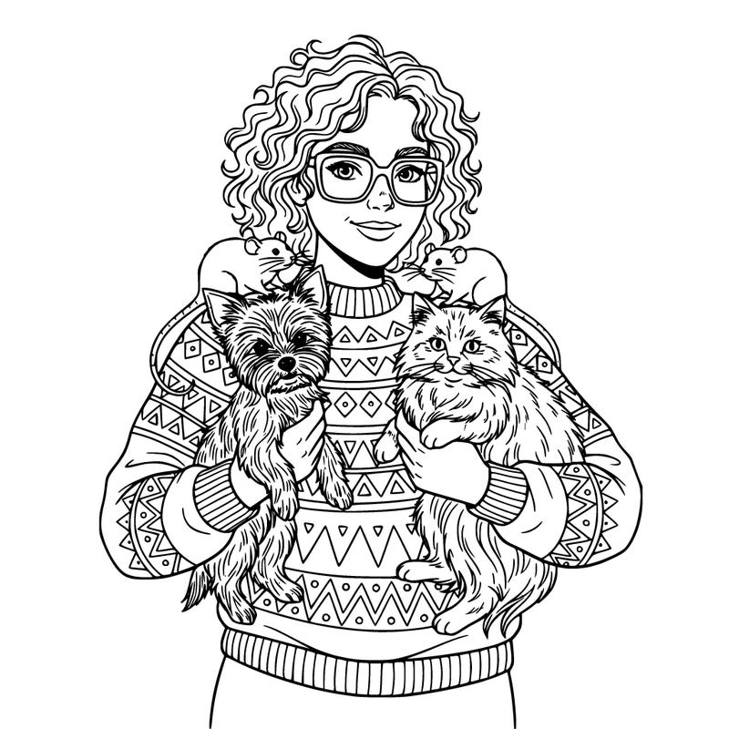 make a women with curly hair wearing square glasses in a cute sweater she has two pet rats on her shoulder a yorkie in one arm and a fluffy cat in her other arm