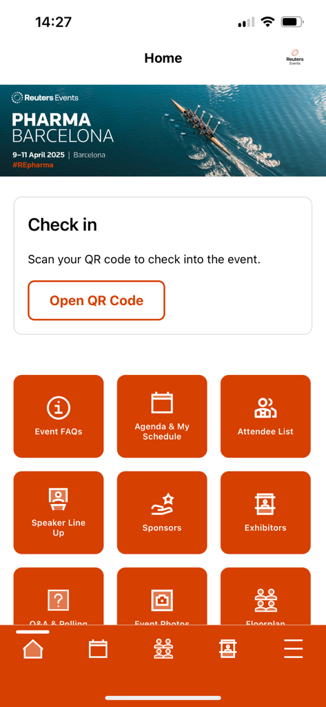 Reuters Events app home screen displaying event navigation tiles and check-in options