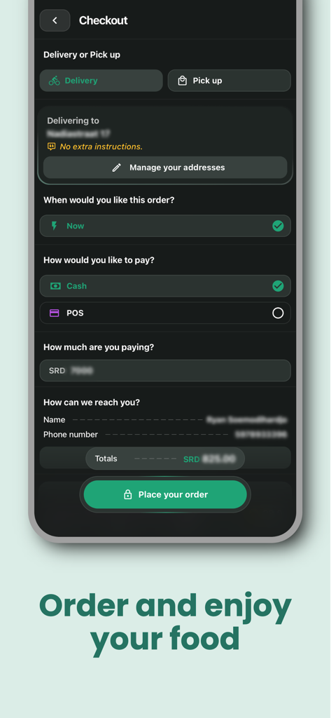 The checkout interface of the Ride Eats mobile app showing delivery options and a place your order button