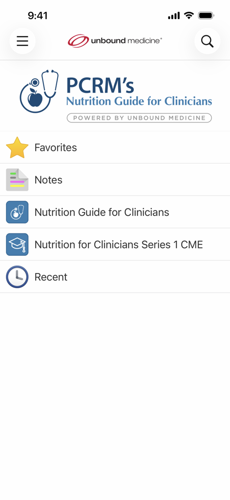 PCRM's Nutrition Guide - Home screen of the PCRM Nutrition Guide app for clinicians featuring a menu with Favorites Notes and CME information