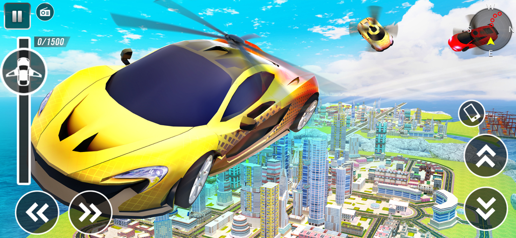Flying Car: Robot Car Games - Un coche volador amarillo con hélices de helicóptero volando sobre el horizonte de una ciudad.