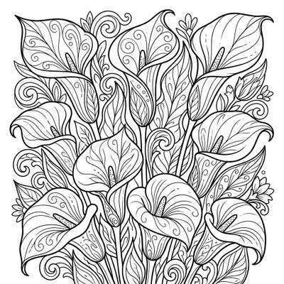 Unleash your creativity with this stunning coloring page featuring a bountiful display of elegant calla lilies. Dive into a world of intricate botanical patterns, perfect for a relaxing and engaging coloring experience.