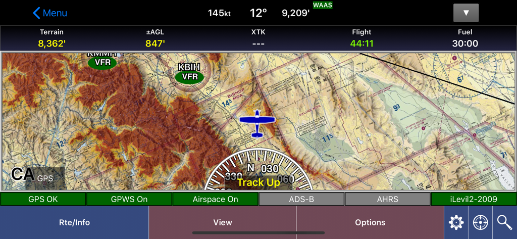 WingX aviation app moving map interface showing terrain details and flight data