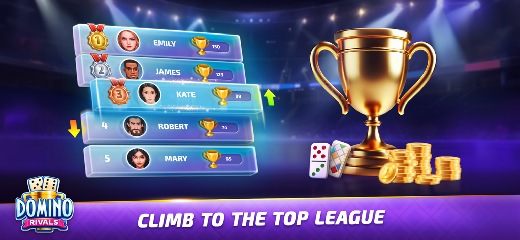 Leaderboard showing player rankings and a gold trophy in Domino Rivals board game