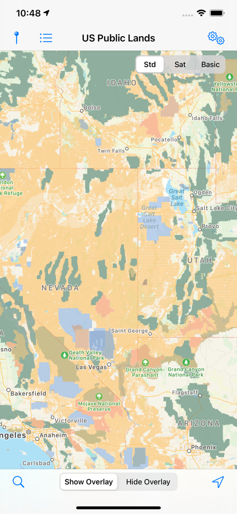 US Public Lands app showing a color coded map of federal agency boundaries in the Western United States