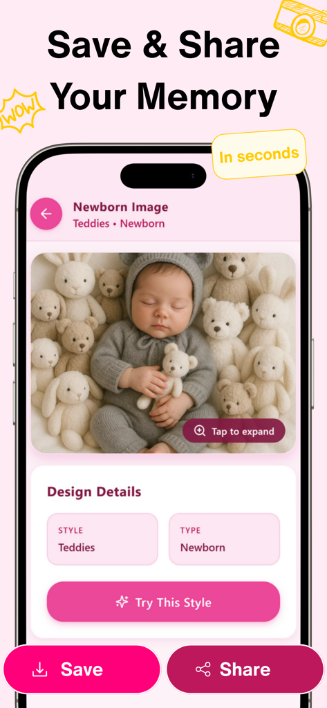 Newborn Baby AI Photo: NewPic - App interface showing an AI generated newborn baby photo with save and share buttons