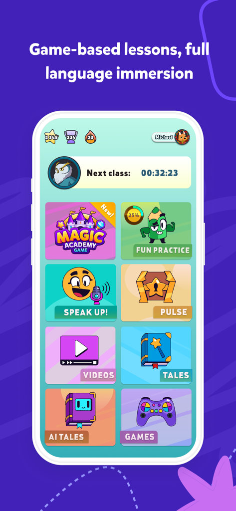 NOVAKID English school - Novakid mobile app dashboard featuring game-based English lessons and interactive language immersion modules for kids