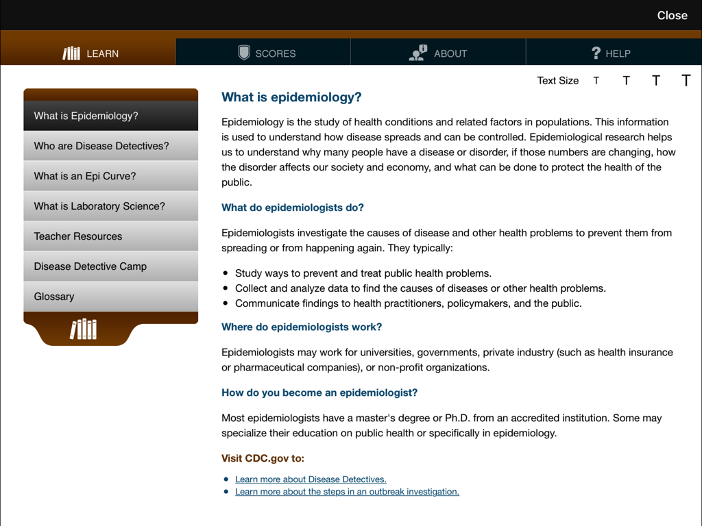 Solve the Outbreak - Educational screen from the CDC Solve the Outbreak app providing an overview of epidemiology and the role of disease detectives