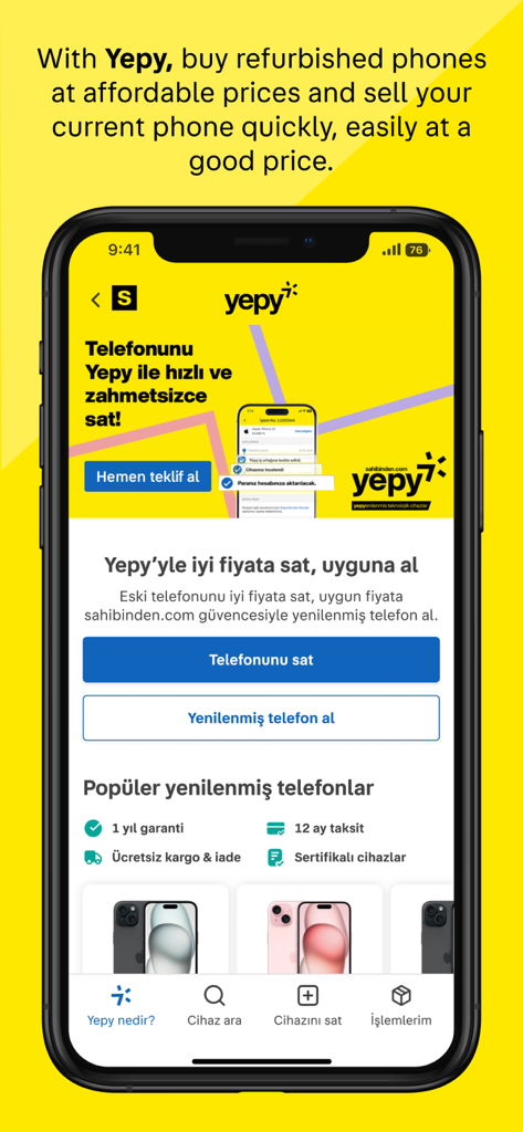 sahibinden #AlSatKiralaKesfet - Interfaz del mercado Yepy de la aplicación Sahibinden para comprar y vender teléfonos móviles reacondicionados.