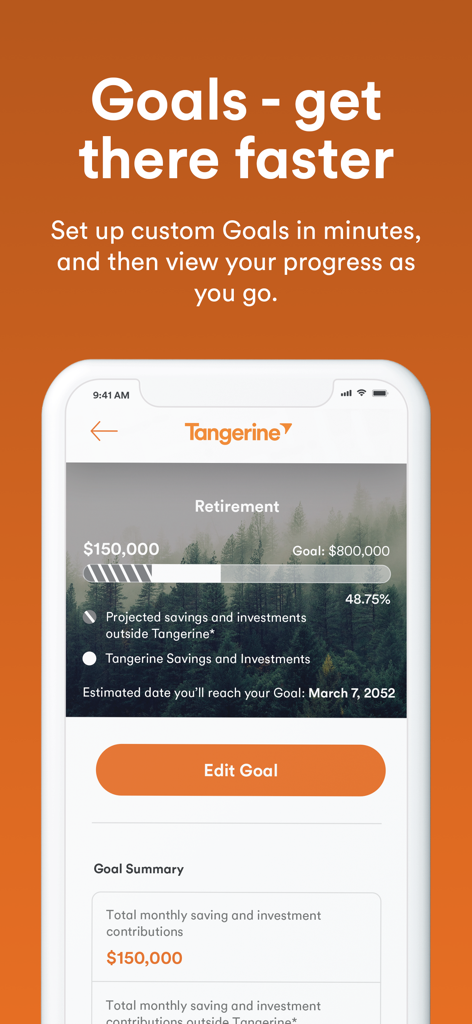Tangerine Mobile Banking - Tangerine app interface showing a retirement savings goal progress bar with a target of 800000 dollars.