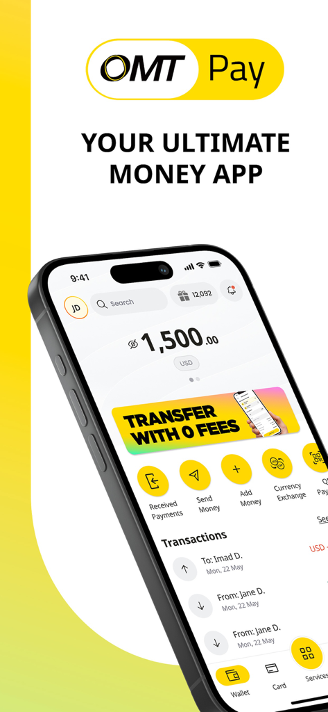 OMT Pay - OMT Pay mobile app interface showing wallet balance and money transfer features