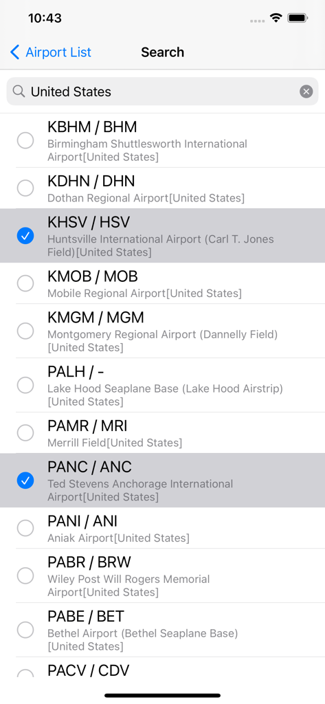 Past Weather for Aviation - Search screen in the Past Weather for Aviation app showing a list of airports in the United States with selection checkmarks.