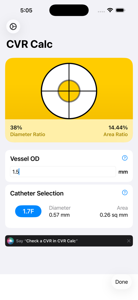 CVR Calc app interface showing catheter to vessel ratio results and input fields for medical professionals.