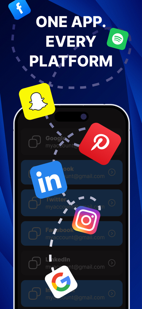 Authenticator app screen showing compatibility with various platforms like Facebook, Google, and Instagram.